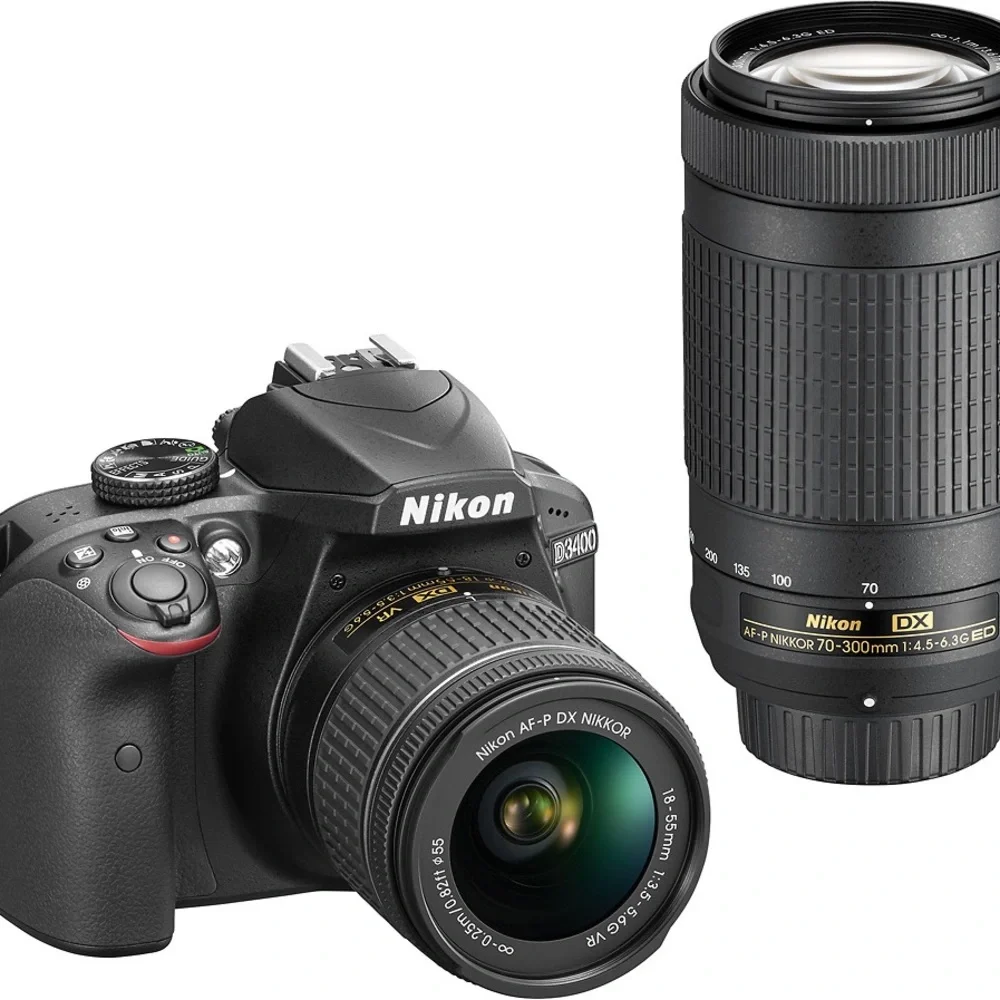 Nikon D3400 24.2MP DSLR Camera 18-55mm VR Lens Nikon 70-300mm Lens-16GB